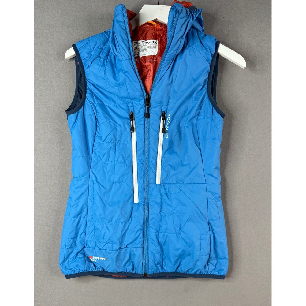 Ortovox Piz Boe Vest Womens Small Blue SwissWool Hooded Quilted Puffer Vest